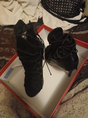 Black Lace-Up High Heel Ankle Boots - Women's Fashion